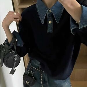Commense Black Sweater Top with Denim Accents